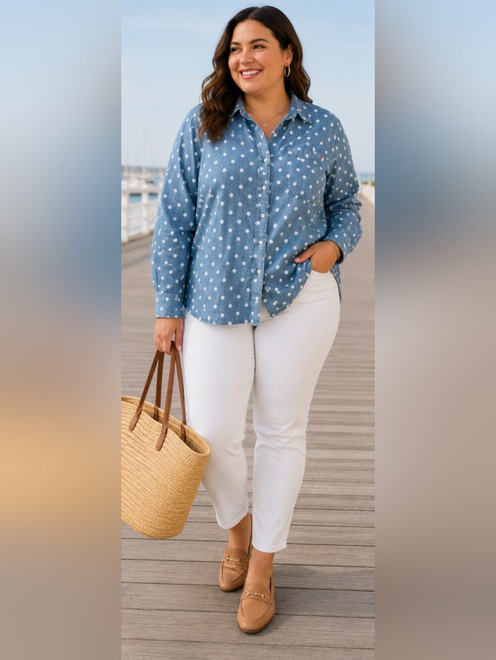 Tommy Hilfiger XL Blue Polka Dot Chambray Button Down Shirt